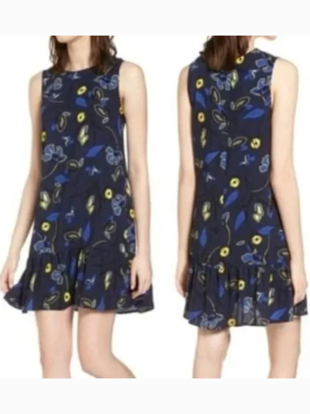 HALOGEN NORDSTROM Ruffle Hem Shift Dress Navy Blue Yellow Floral Sleeveless Work